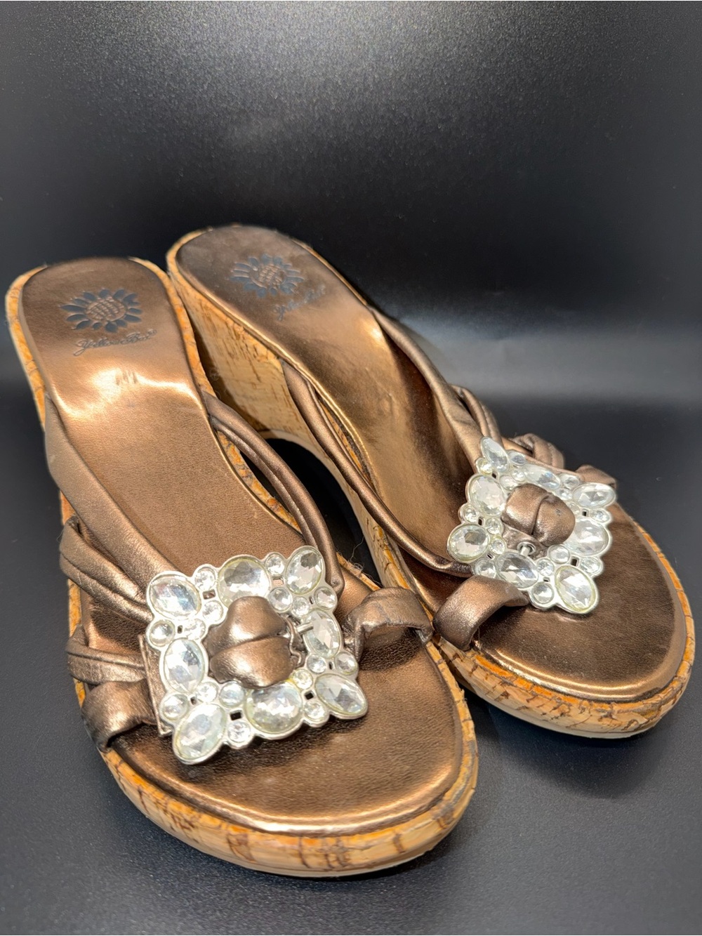 Yellow box cork wedge sandals size 7.5 with large rhinestones